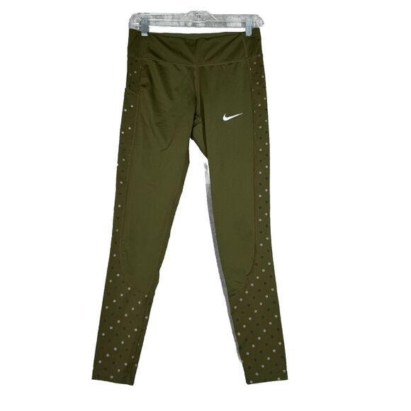 Nike Pants Womens Medium Olive Green Polka Dot Power Racer Flash Running‎ Tights - Picture 1 of 9